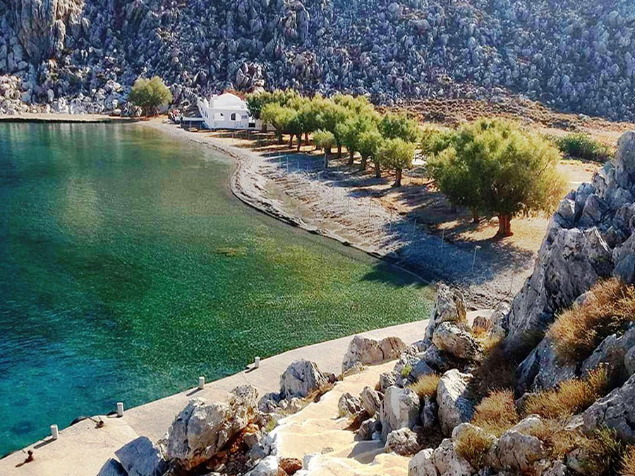 St Nicholas Beach in Symi Greece